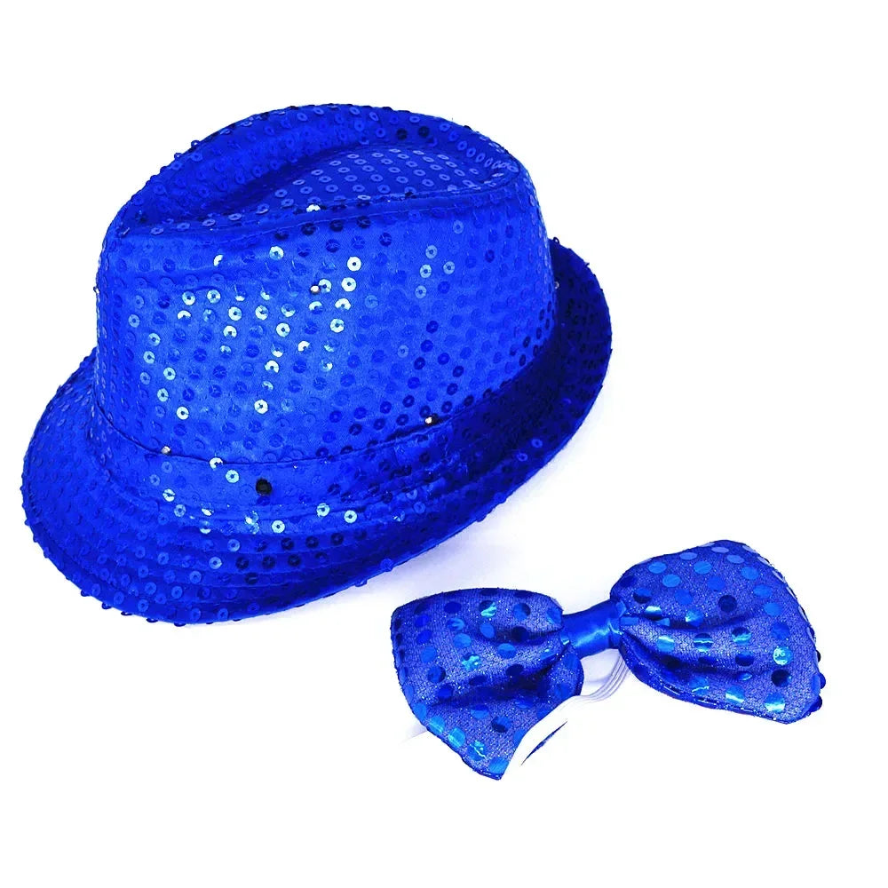 LED Light Up Sequin Jazz Hat & Tie Set | Party Costume LED Party Costume Set Babs light up navy blue Adult size