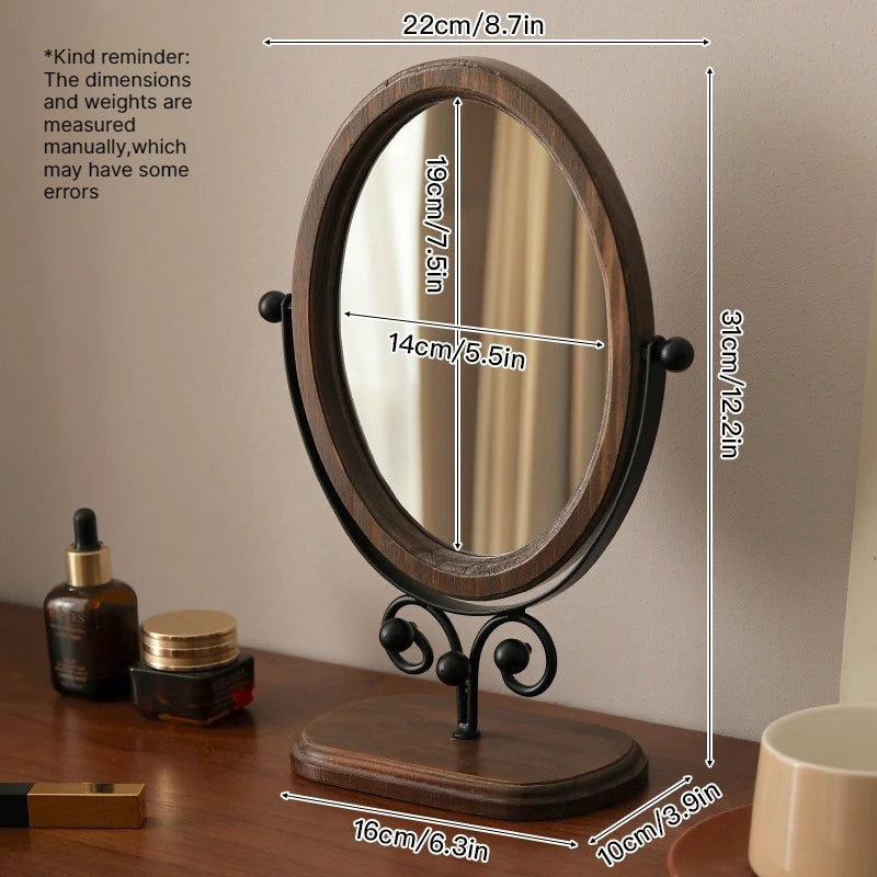 Oval Retro Makeup Mirror – HD 360° Rotating Wooden Frame Vanity Makeup Mirror Babs A