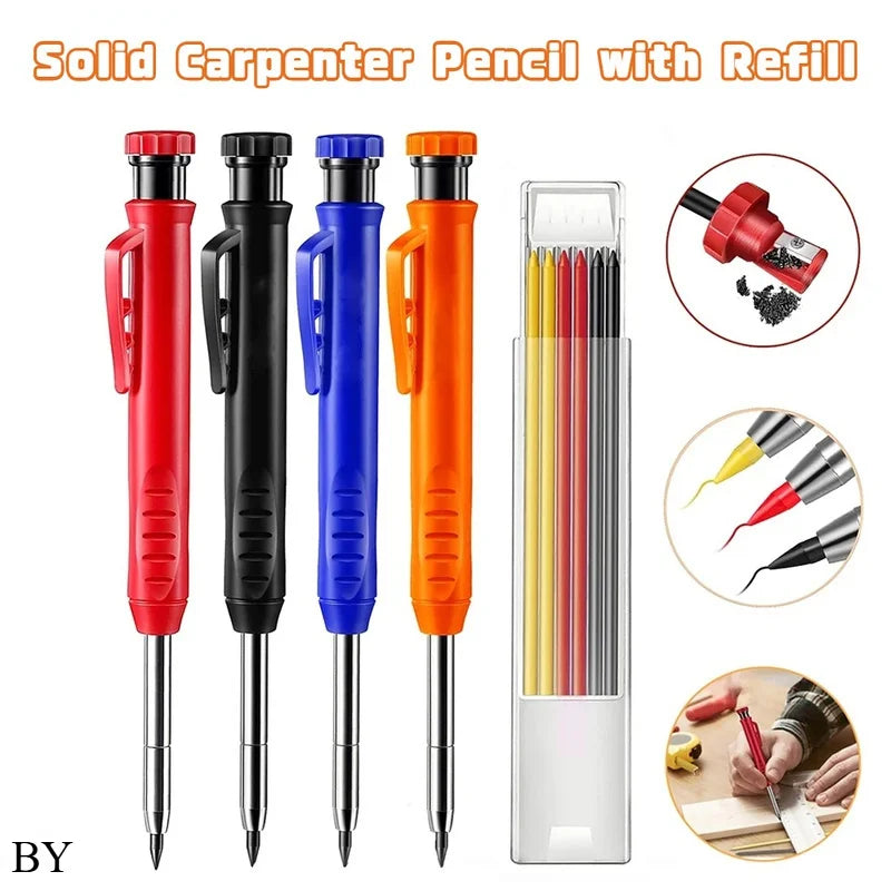 Deep Hole Carpenter Pencil with Refills & Built-In Sharpener Carpenter Pencil Babs BluePenYellowRefill
