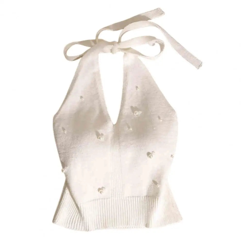 Pearl Beaded Halter Crop Top | Spaghetti Strap Cami Halter Crop Top Babs White One Size
