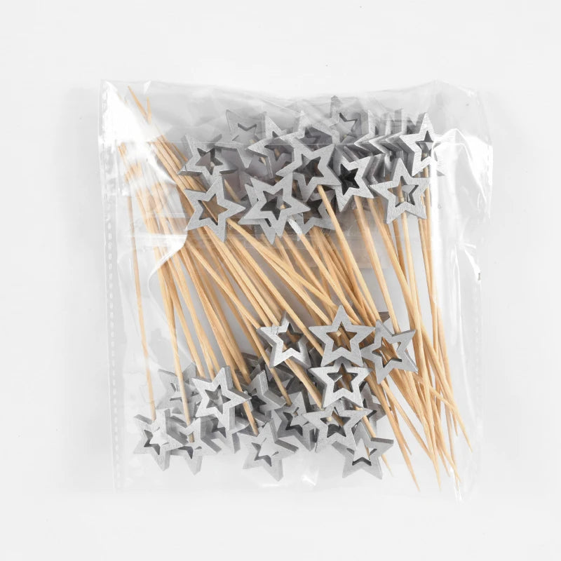 50Pcs Star Bamboo Cocktail Picks – Party Fruit Skewers Disposable Bamboo Picks Babs Silver