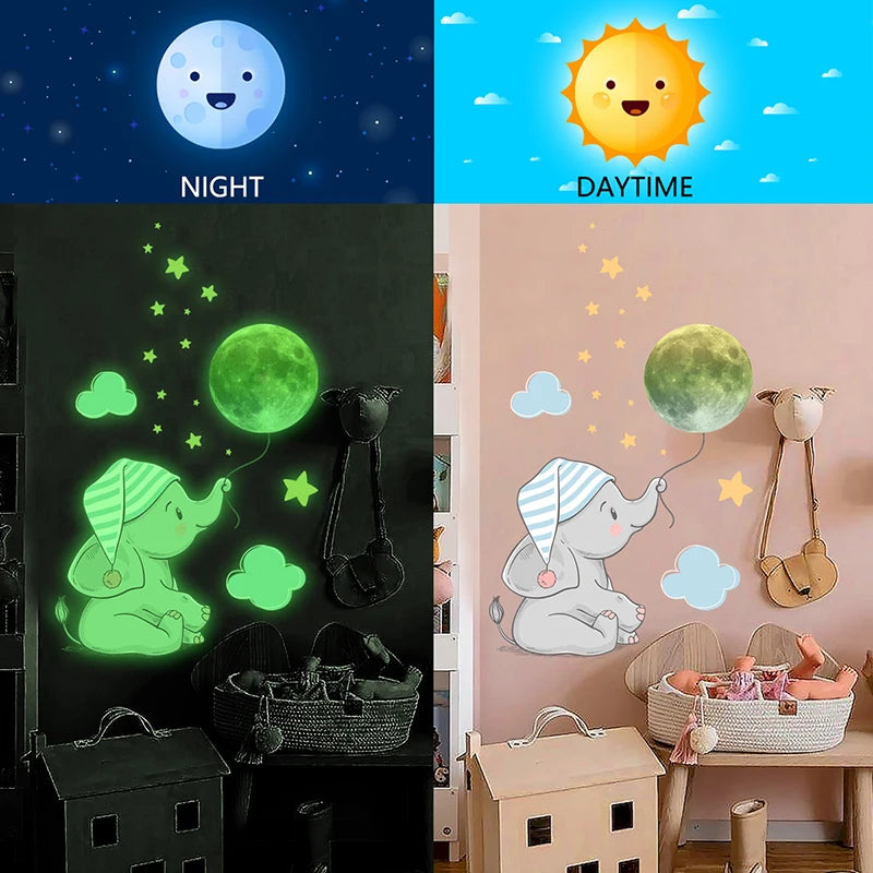Baby Elephant Moon Glow in the Dark Wall Stickers for Kids Room Glow Wall Stickers Babs