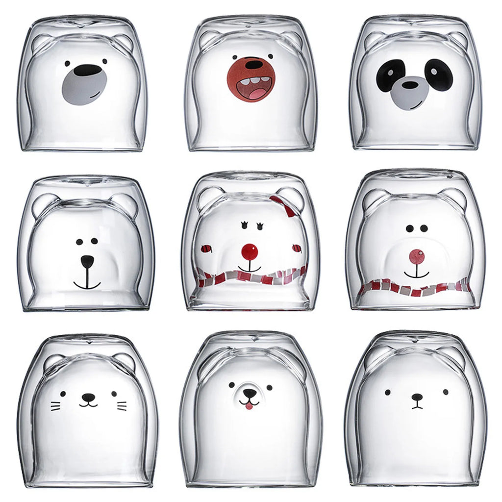 Cute Animal Double-Wall Glass Mug – Bear Cat Dog Cartoon Cup Double Wall Glass Mug Babs