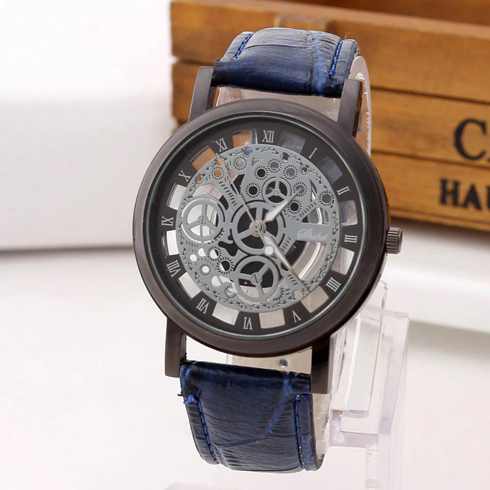 Men's Skeleton Quartz Watch | Leather Strap, Roman Numeral Dial Men's Quartz Watch Babs