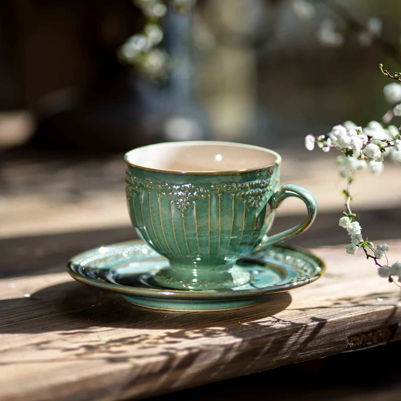 Vintage Embossed Ceramic Cup & Saucer Set | Underglaze Porcelain Ceramic Cup & Saucer Babs