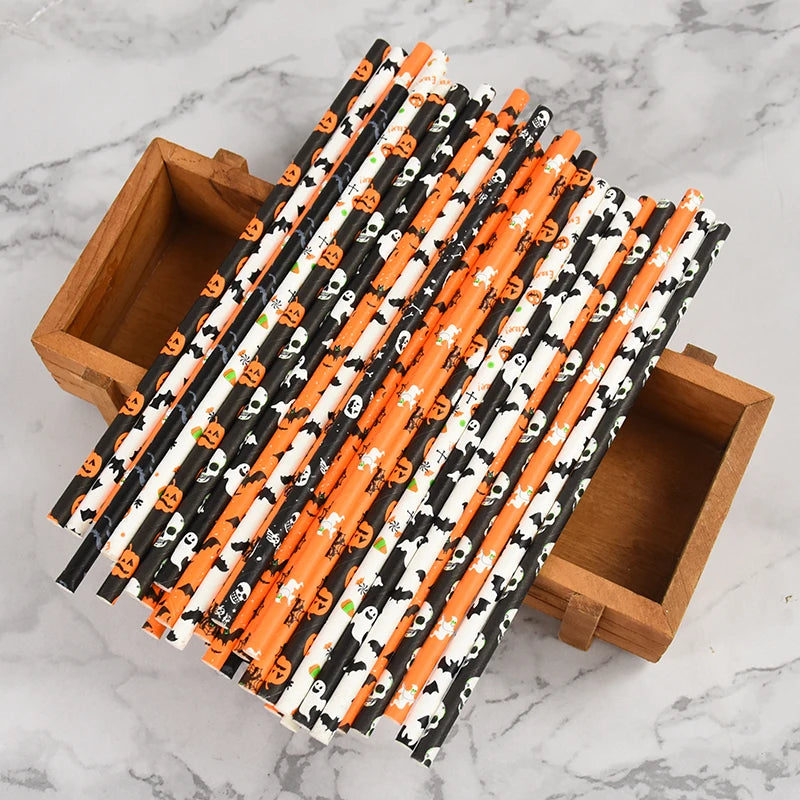 Halloween Paper Straws 25/50pcs – Pumpkin, Bat & Ghost Halloween Paper Straws Babs