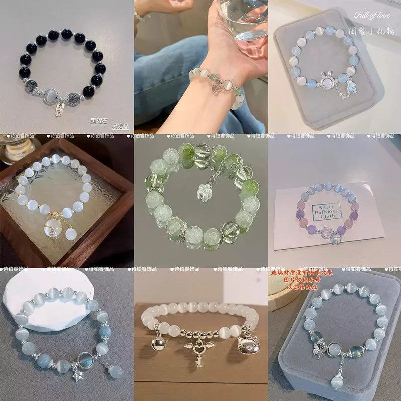 Blue Moonstone Cat Eye Crystal Bead Bracelet Set 3pcs Women Crystal Bead Bracelet Set Babs Raandom 3pcs