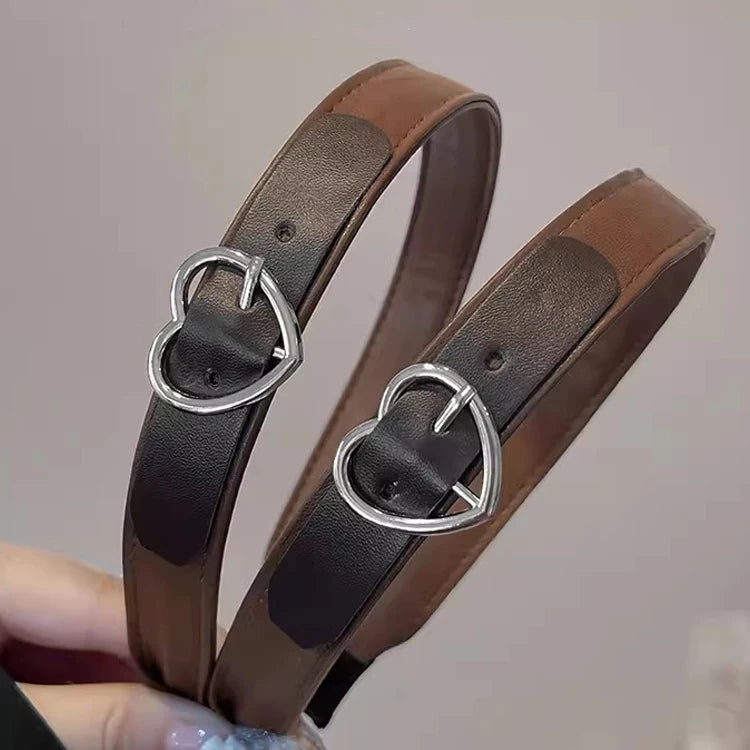 PU Leather Heart Buckle Headband Women – Coffee Brown Hair Headband Babs
