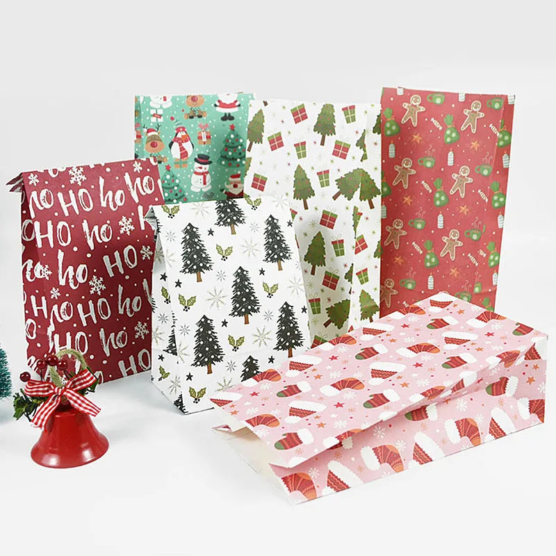 10pcs Kraft Paper Christmas Gift Bags – Santa & Snowman Holiday Gift Bags Babs