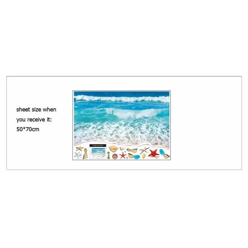 3D Wave Beach Floor Sticker Sky Blue – Waterproof PVC 50×70cm Floor Decal Sticker Babs