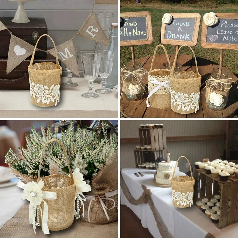 Rustic Lace Linen Flower Basket – Wedding & Party Gift Bag Decorative Flower Basket Babs