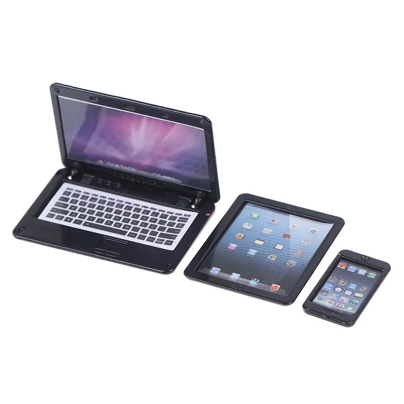 3Pcs Miniature Laptop Tablet Phone Set – 1:12 Dollhouse Decor Dollhouse Miniature Set Babs Black