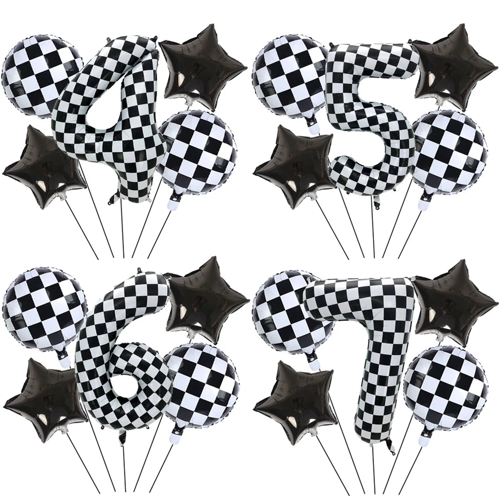 5-Piece Race Car Foil Balloon Set – 40" Checkered Number Balloons Party Foil Balloons Babs