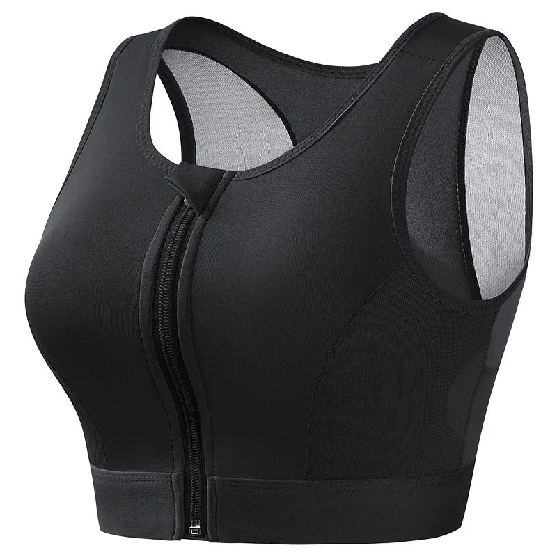 Plus Size Zip Front Padded Sports Bra | Full Coverage Yoga Tank Padded Sports Bra Babs BLACK 5XL