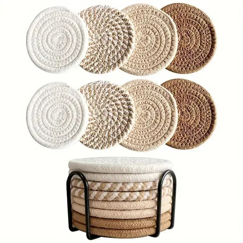 8-Piece Absorbent Cotton Woven Boho Coasters – Table Decor Woven Drink Coasters Babs 8pcs Coffee 11cm