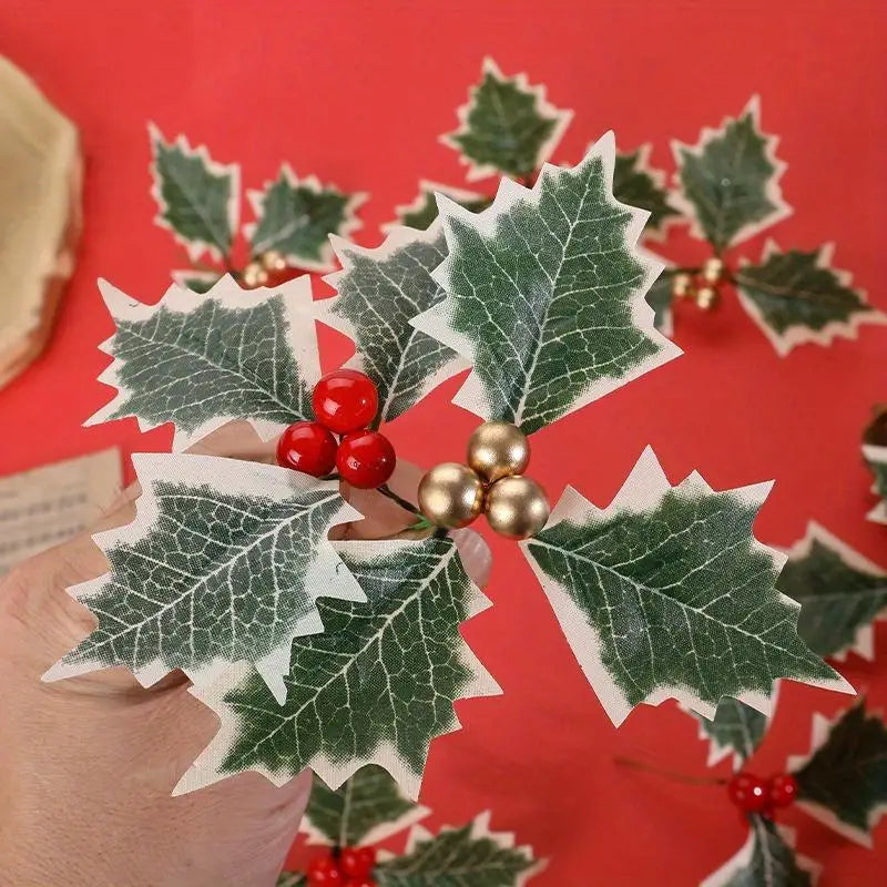 50pcs Artificial Holly Berries & Green Leaves – Christmas Decor Artificial Floral Picks Babs