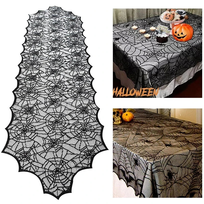 Halloween Bat Spider Web Lace Table Runner & Fireplace Curtain Halloween Table Runner Babs