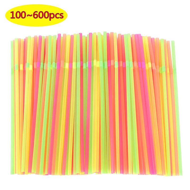 100-600Pcs Neon Bendable Disposable Straws – Party Supplies Disposable Drinking Straws Babs