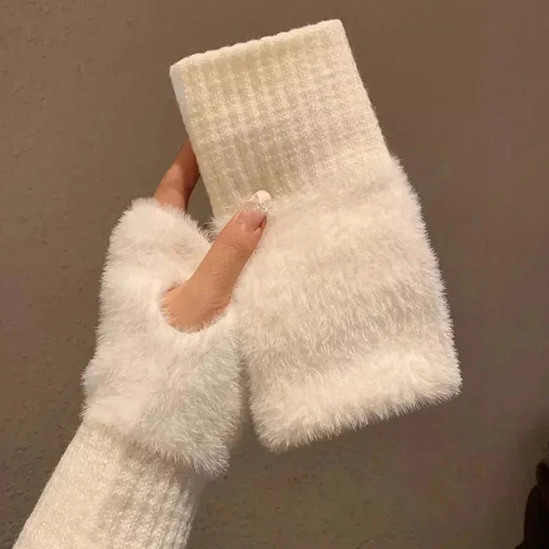 Women's Plush Half-Finger Gloves – Warm Cute Fingerless Winter Fingerless Winter Gloves Babs WHITE