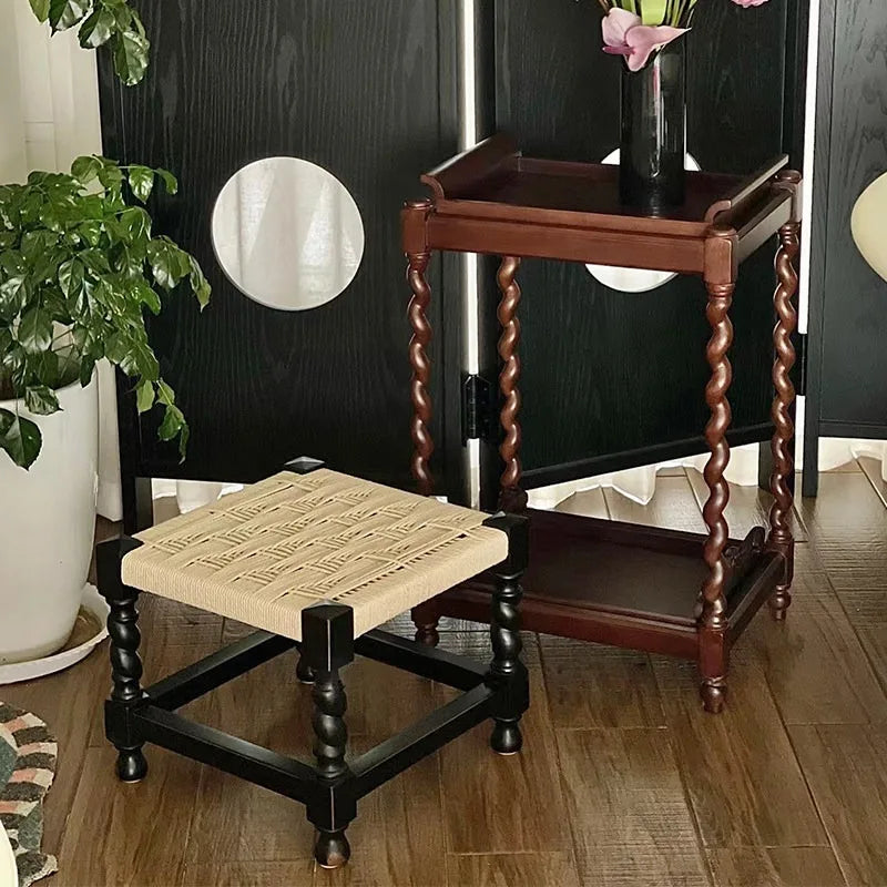 Woven Beech Wood Stool – Retro Accent Seat for Living Room Woven Accent Stool Babs