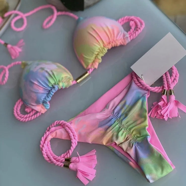 Women's Backless Lace-Up Triangle Bikini Set – Multicolor Bikini Swimsuit Set Babs