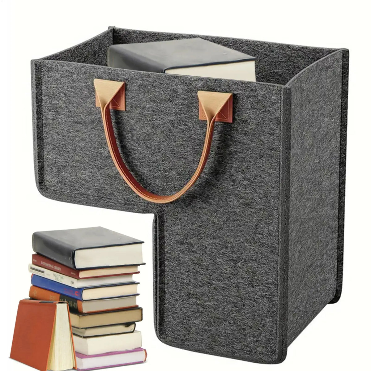 Felt L-Shape Stair Basket with PU Handles | Dark Gray Stair Storage Basket Babs