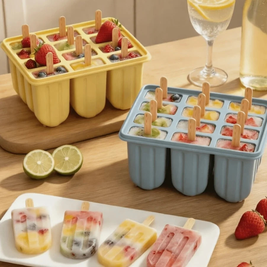 12-Cavity BPA-Free Silicone Popsicle Mould + 50 Sticks Popsicle Mould Set Babs