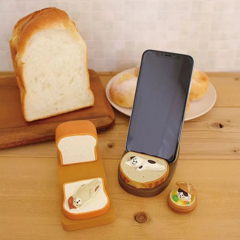 Resin Cat Toast Bag Phone & Tablet Stand – Kawaii Desk Holder Decorative Phone Stand Babs