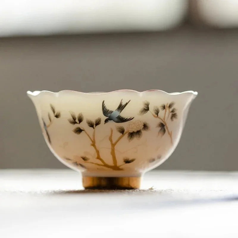 Hand Painted Magpie Blossom Ceramic Tea Cup | Gold Trim Ceramic Tea Cup Babs