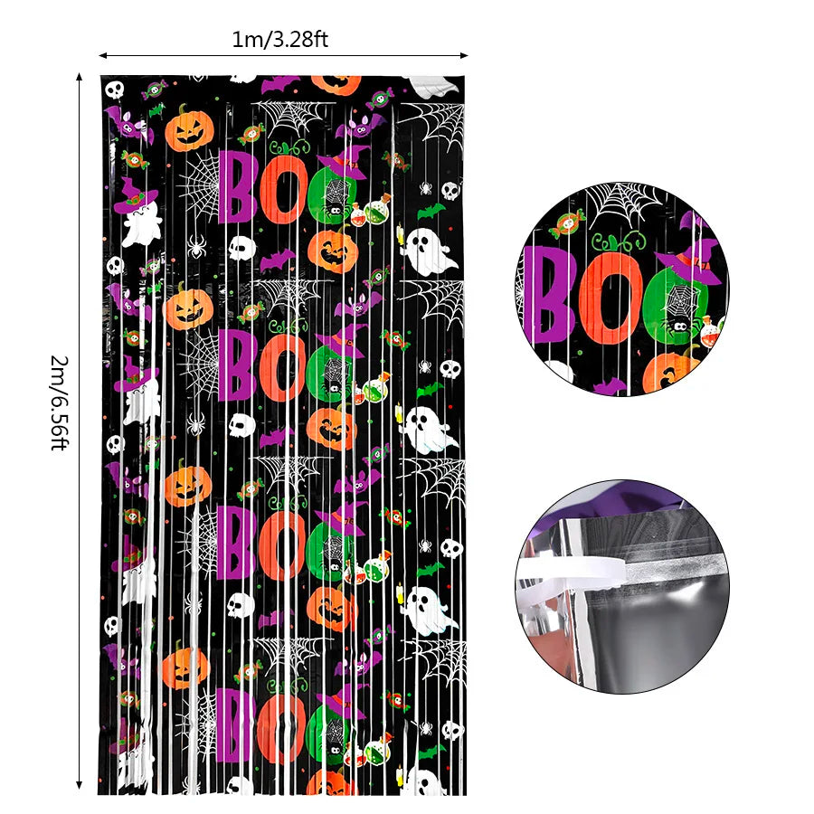 Halloween Tinsel Curtain Pumpkin Ghost Backdrop Party Decor Halloween Party Backdrop Babs B 2Pcs