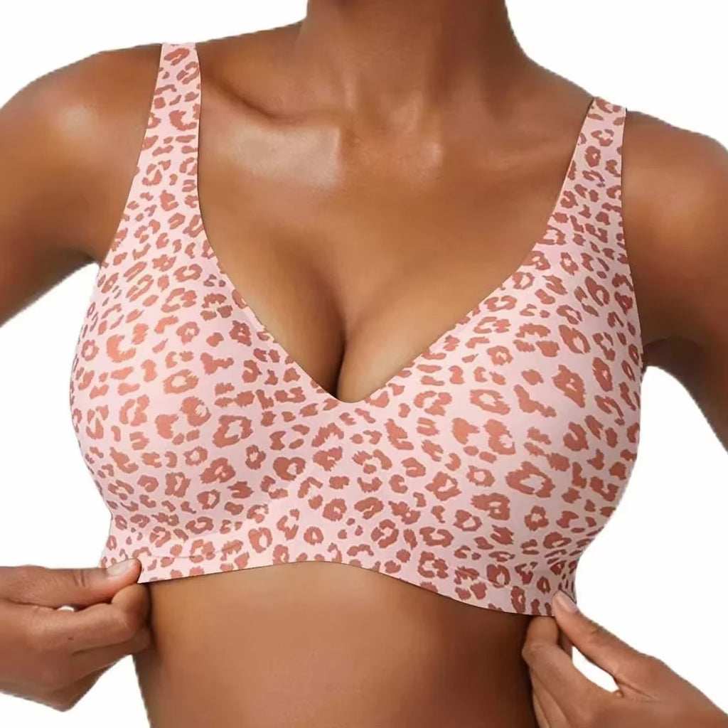 Pink Leopard Deep V Push Up Wireless Bra | Seamless Bralette Wireless Push Up Bra Babs Pink S