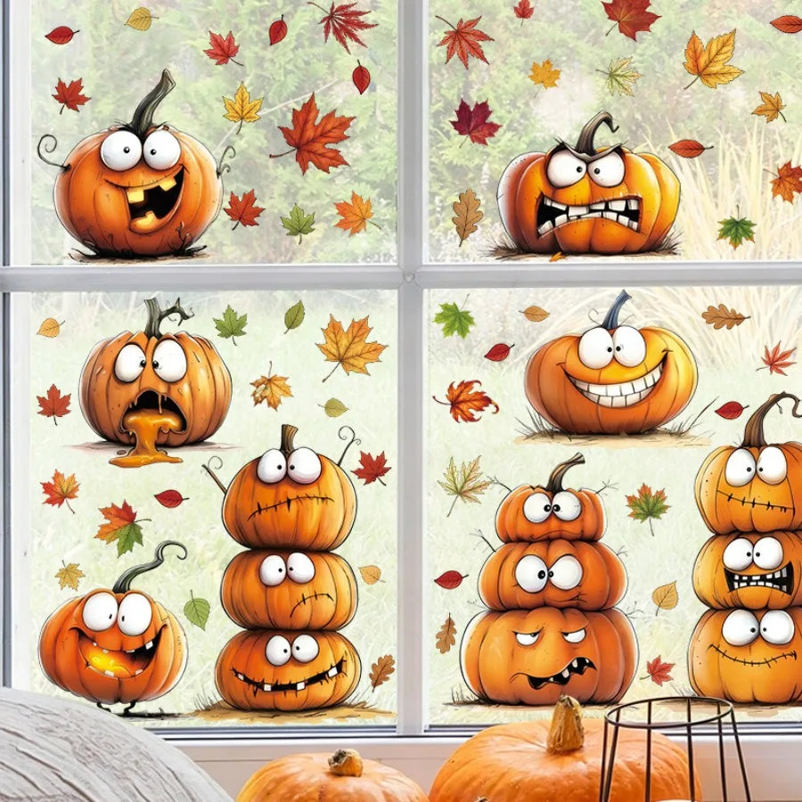 6PCS Autumn Static Cling Window Stickers | Pumpkin & Maple Leaf Window Cling Stickers Babs