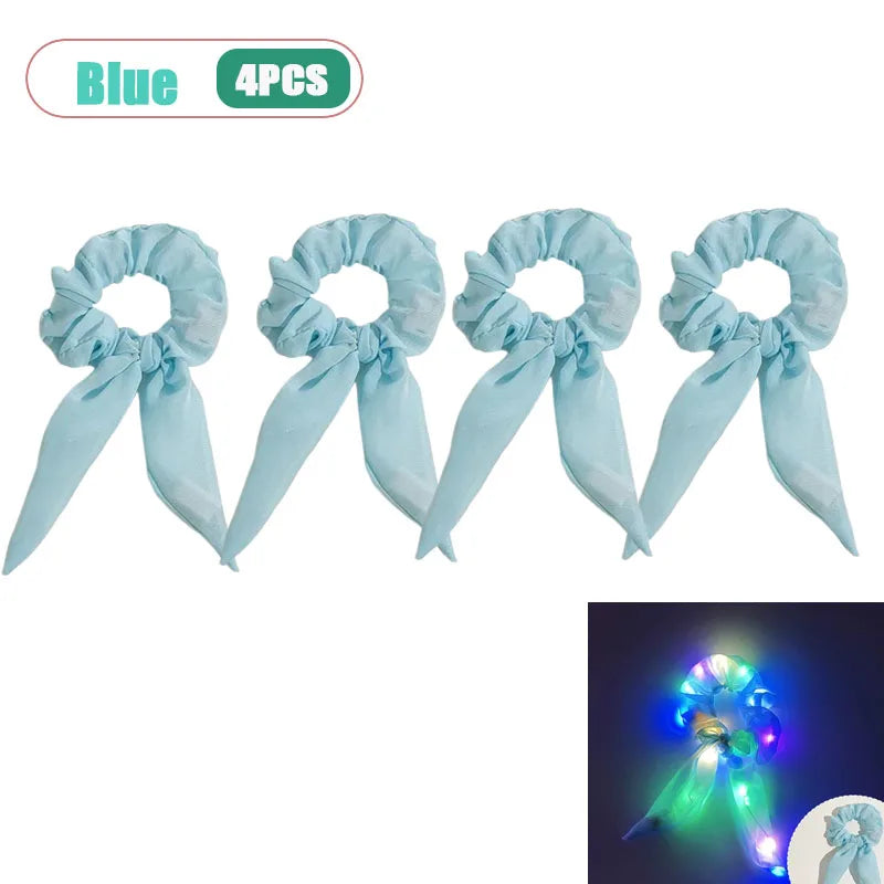 LED Light-Up Bow Scrunchie Glowing Hair Tie | Party Festival LED Hair Accessory Babs Blue-4pcs