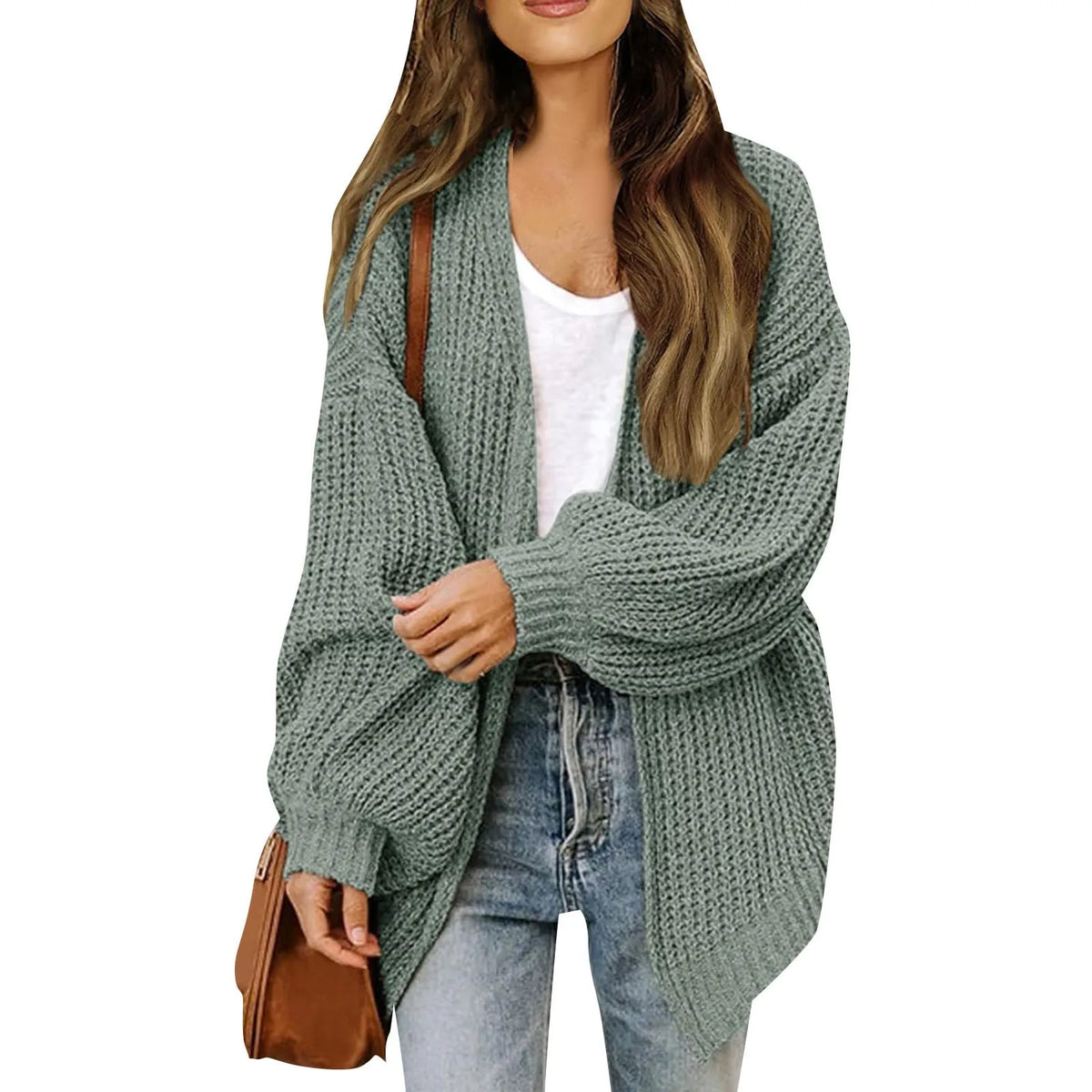 Women's Lantern Sleeve Thick-Knit Cardigan – Loose V-Neck Coat Knit Cardigan Sweater Babs XL Bean Green