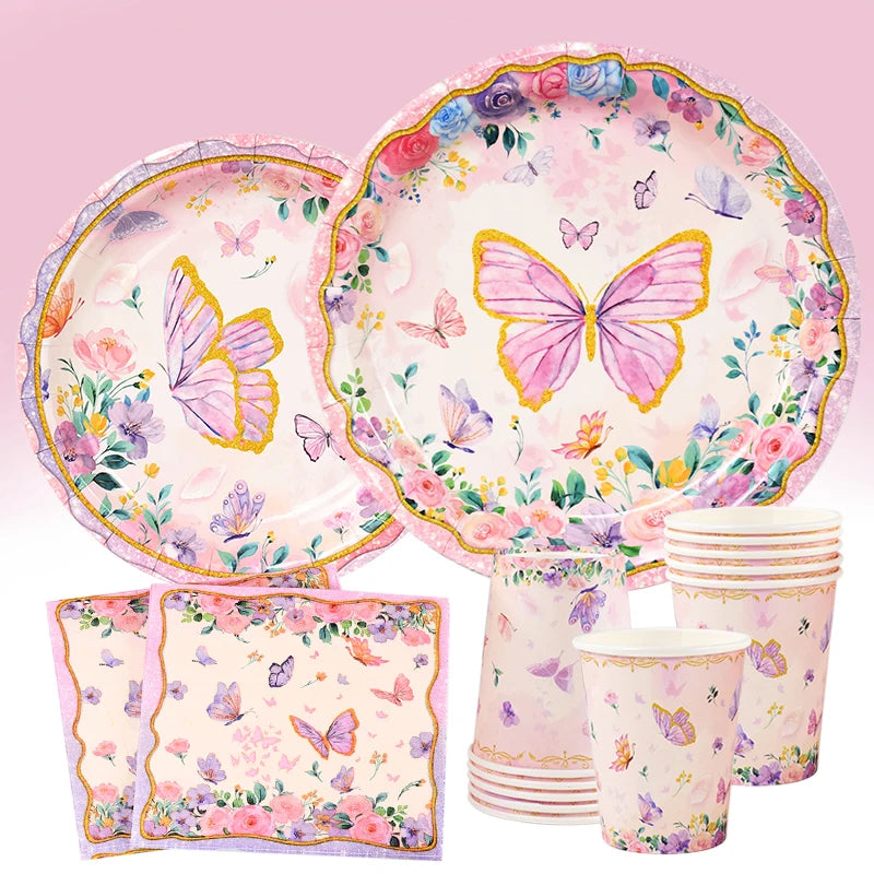 Pink Butterfly Party Tableware Set – Plates, Cups & Tablecloth Disposable Party Tableware Babs