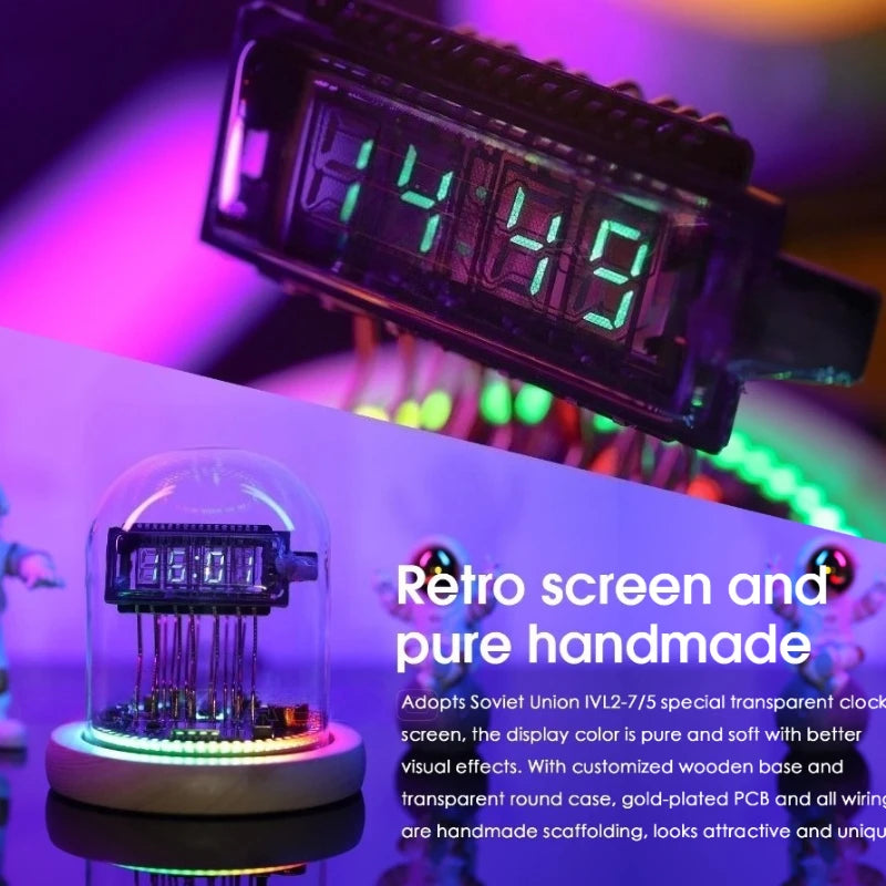 Retro Nixie Tube VFD Desk Clock – WiFi Sync, RGB LED, Wood &amp; Glass Nixie Tube Desk Clock Babs