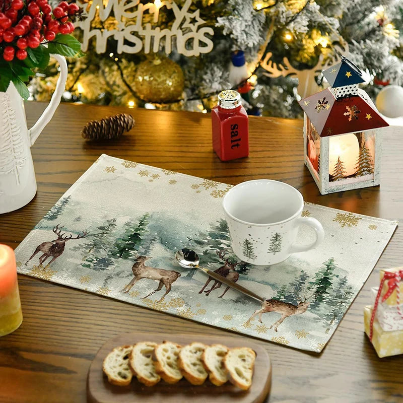 4Pcs Christmas Linen Placemats Set – Elk & Tree Table Mats Linen Placemats Set Babs