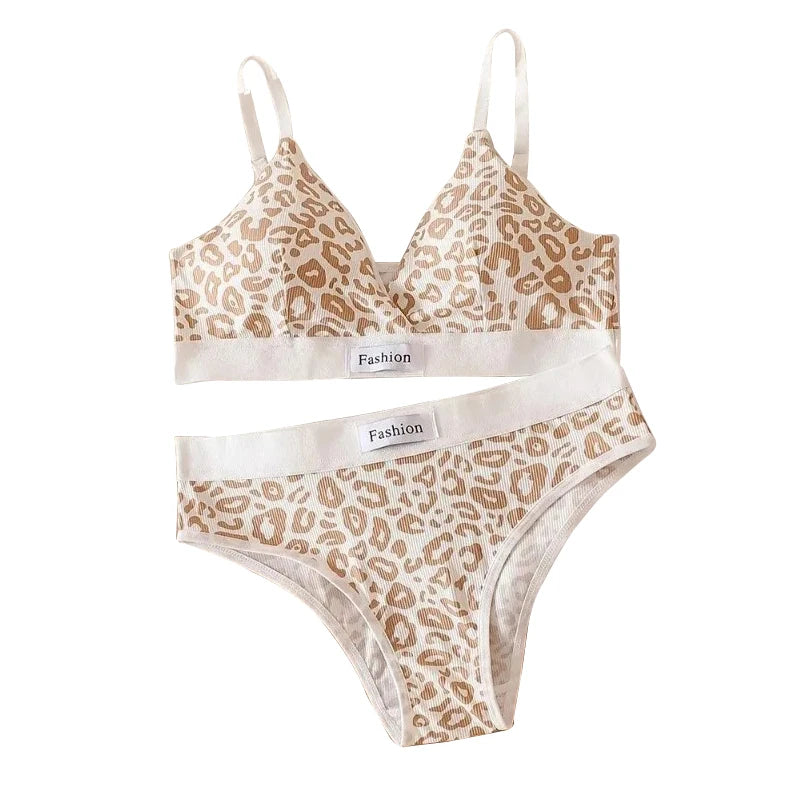 Women's Leopard Print Wire-Free Seamless Bra & Brief Set Bra & Brief Set Babs Khaki One Size