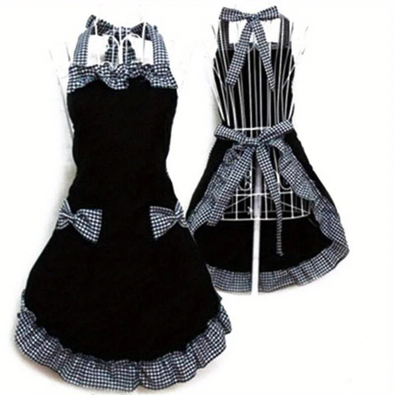 Women's Vintage Bib Apron Dress – Bowknot, Pocket, Canvas Kitchen Apron Dress Babs black