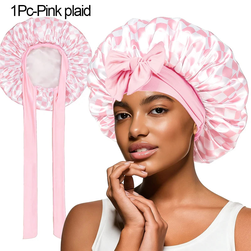 Satin Sleep Bonnet Cherry Print Lace-Up Hair Care Night Cap Satin Sleep Bonnet Babs 1Pc-Pink plaid