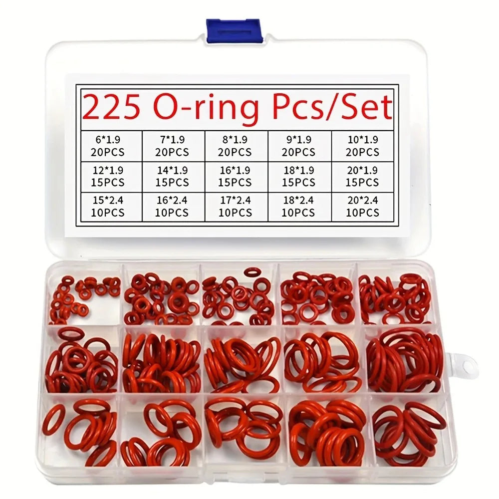 225-Piece Silicone O-Ring Set – Heat & Oil Resistant Multi-Size Silicone O-Ring Set Babs Red