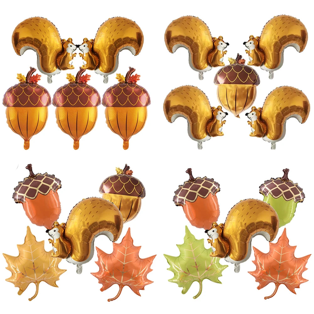 5-Piece Thanksgiving Foil Balloon Set – Maple Leaf, Acorn & Squirrel Party Foil Balloons Babs