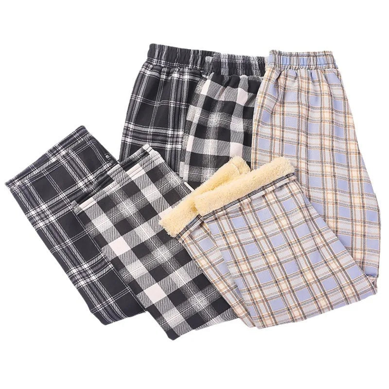 Women's Shearling Lined Plaid Flared Trousers High Waist Fleece Lined Trousers Babs