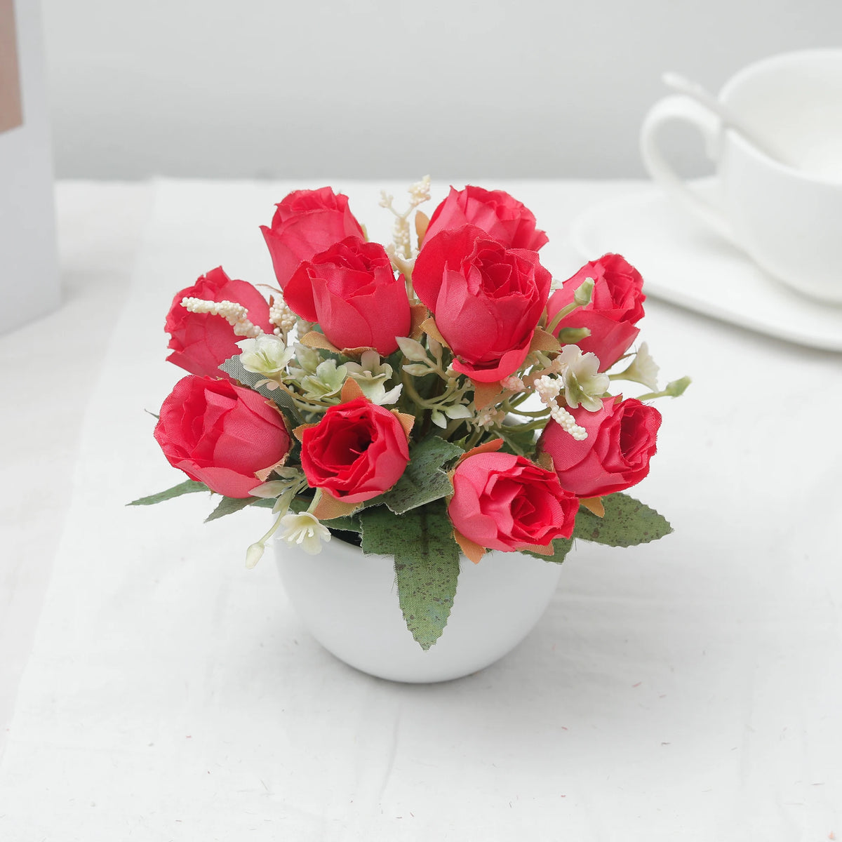 Rose Bonsai Artificial Silk Flowers Potted Plant – Home & Wedding Decor Artificial Flower Decor Babs Red