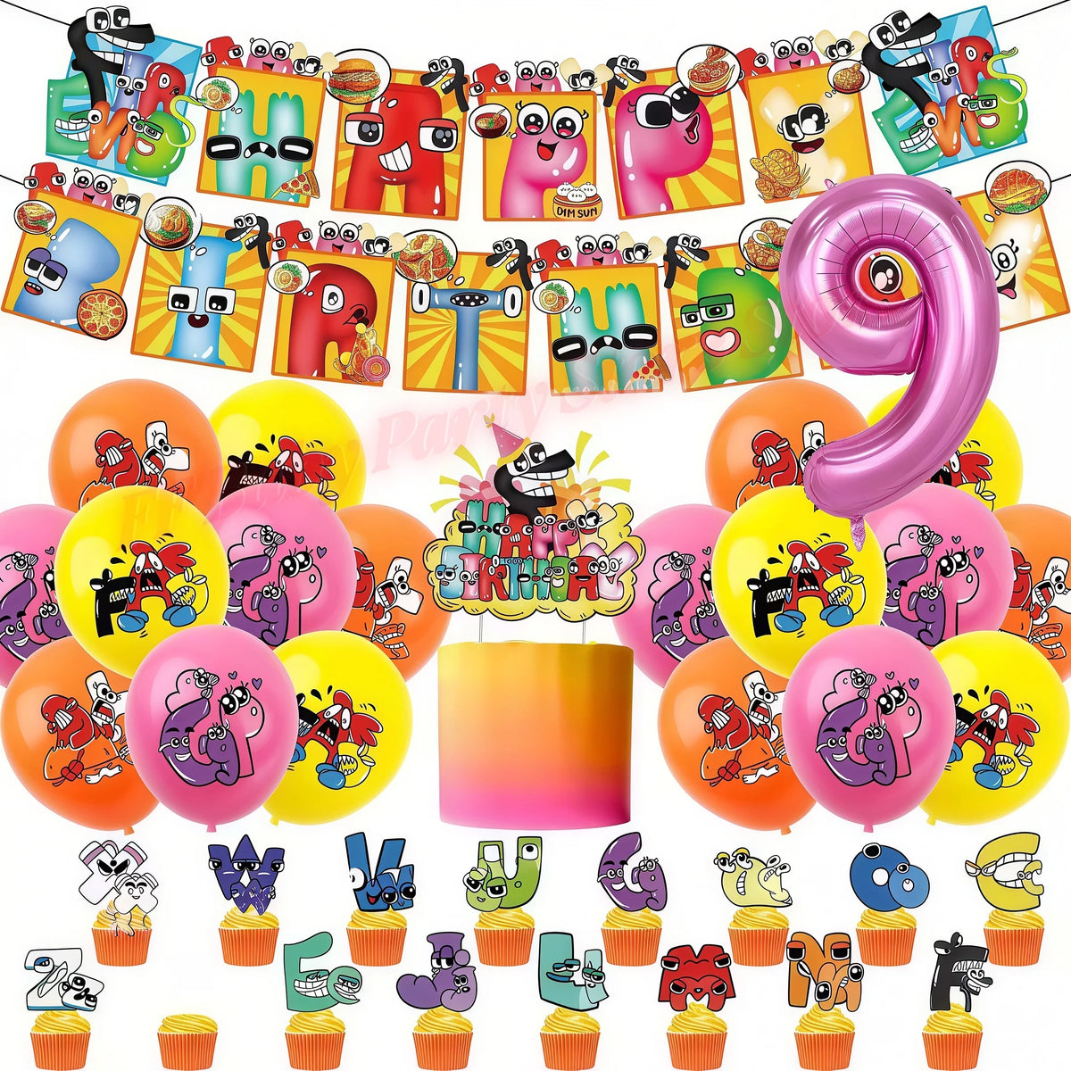 Alphabet Lore Birthday Party Supplies – Balloons & Backdrop Set Party Decoration Set Babs 1set-Number 9 12inch