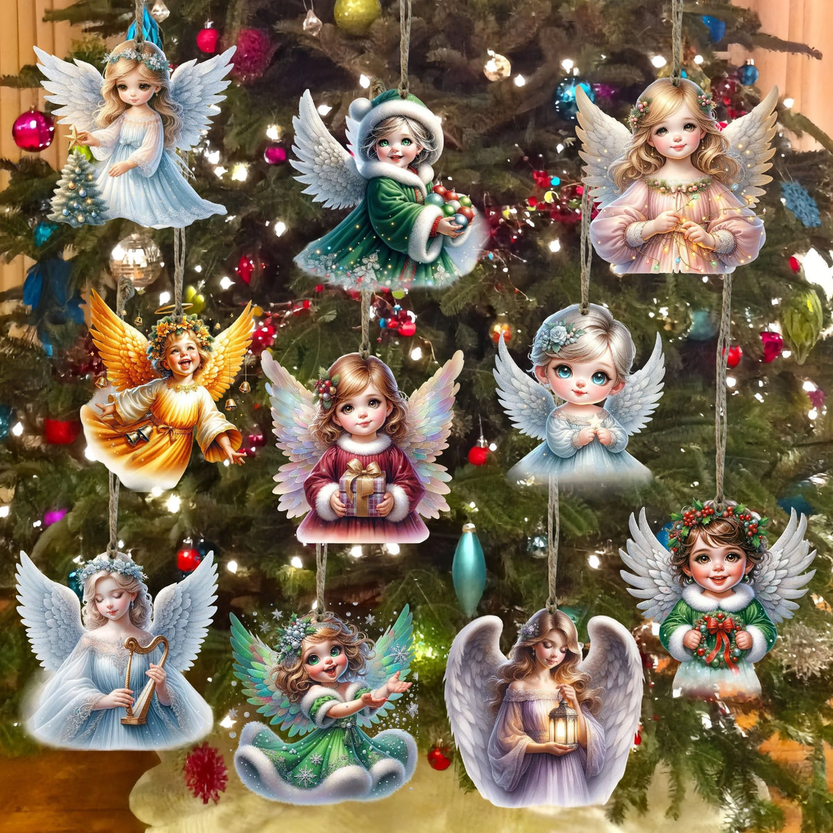 10PCS Handmade Wooden Christmas Angel Ornaments with Rope Christmas Tree Ornament Babs