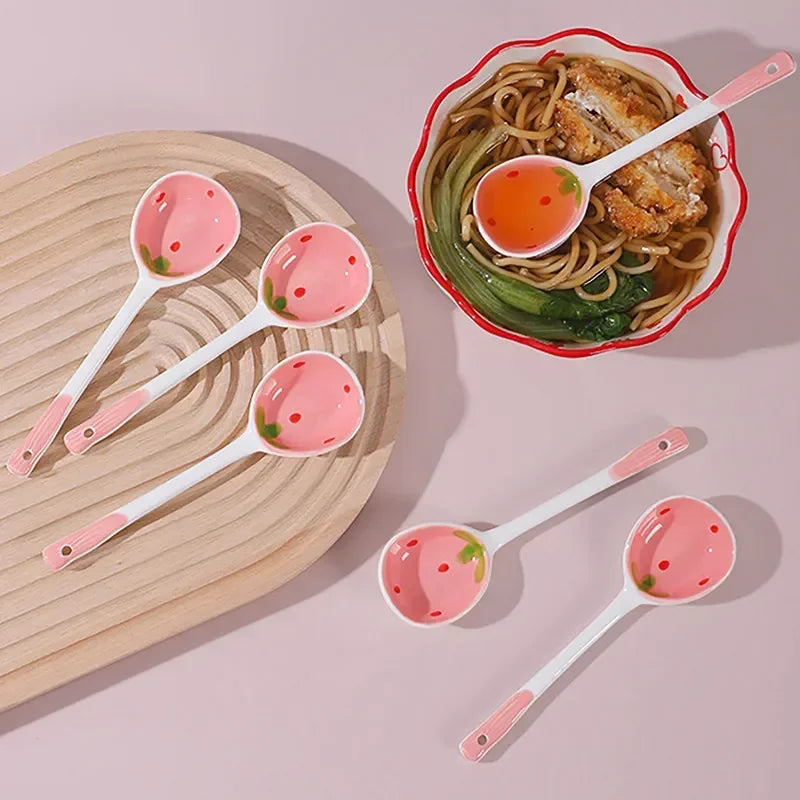 Kawaii Strawberry Ceramic Spoon – Hand-Painted Long Handle Ceramic Spoon Set Babs