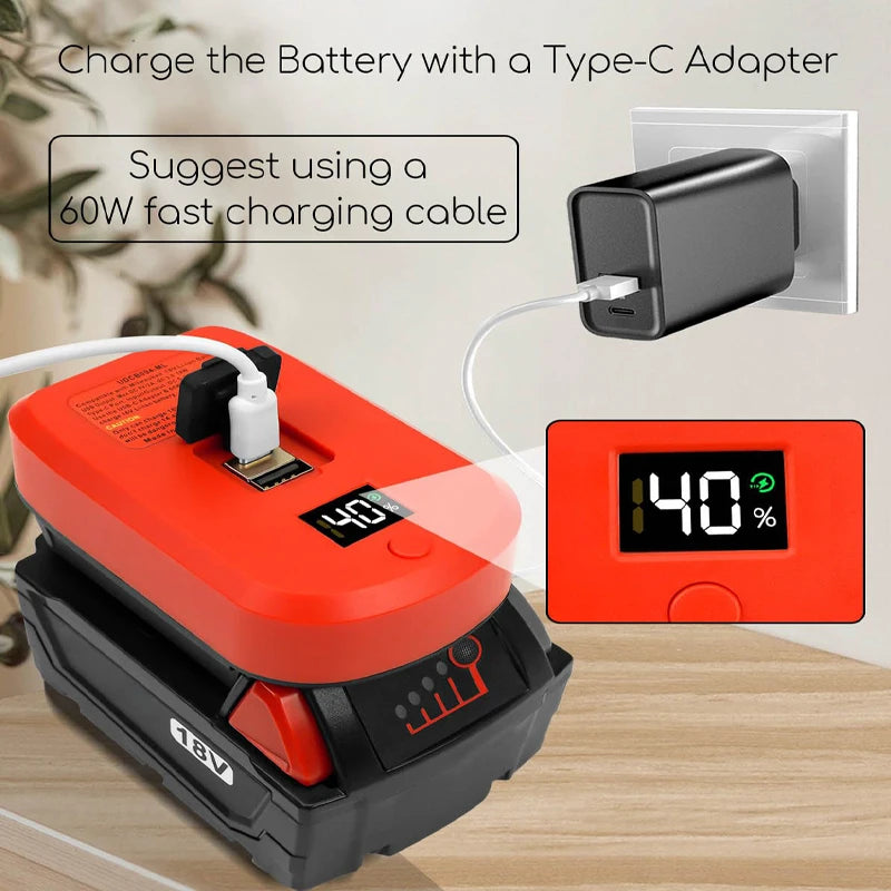 65W USB-C Charger Adapter for Milwaukee 18V M18 Batteries Battery Charger Adapter Babs