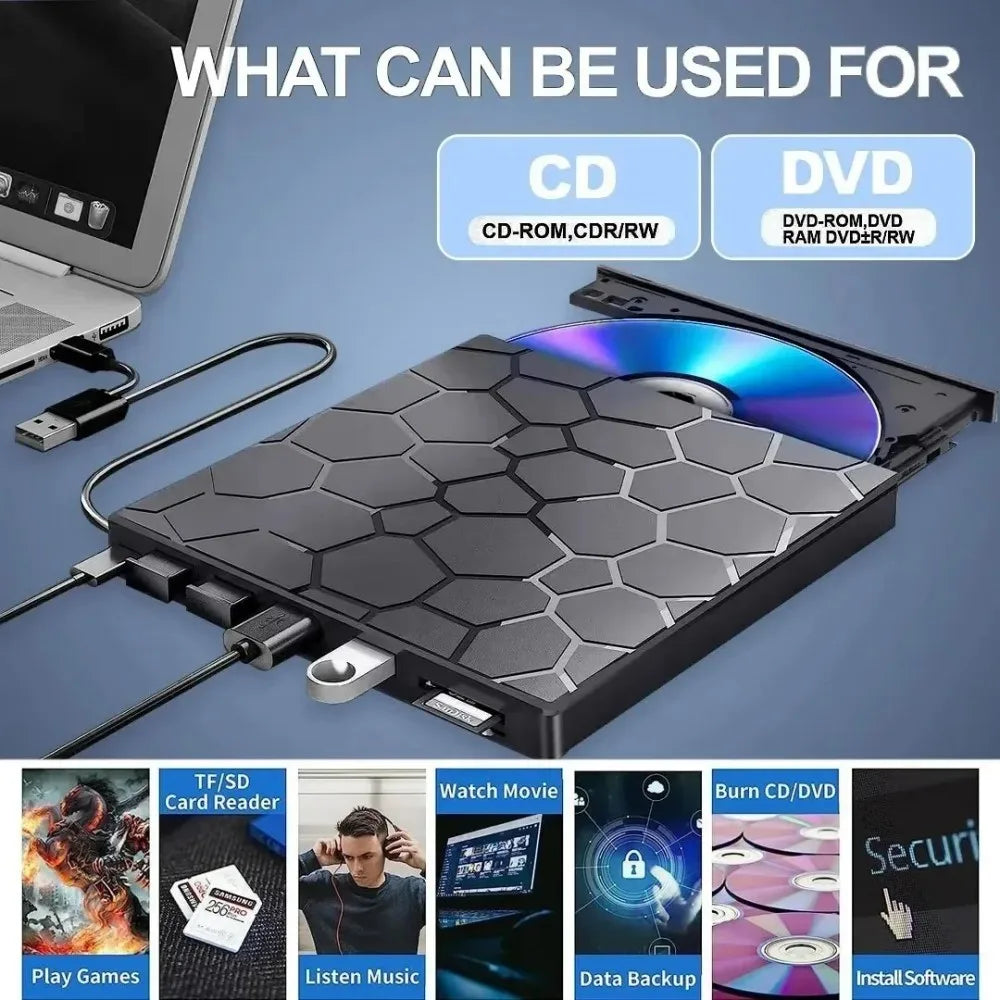 KEBIDUMEI 8-in-1 USB 3.0 External DVD CD Burner & Card Reader External Optical Drive Babs