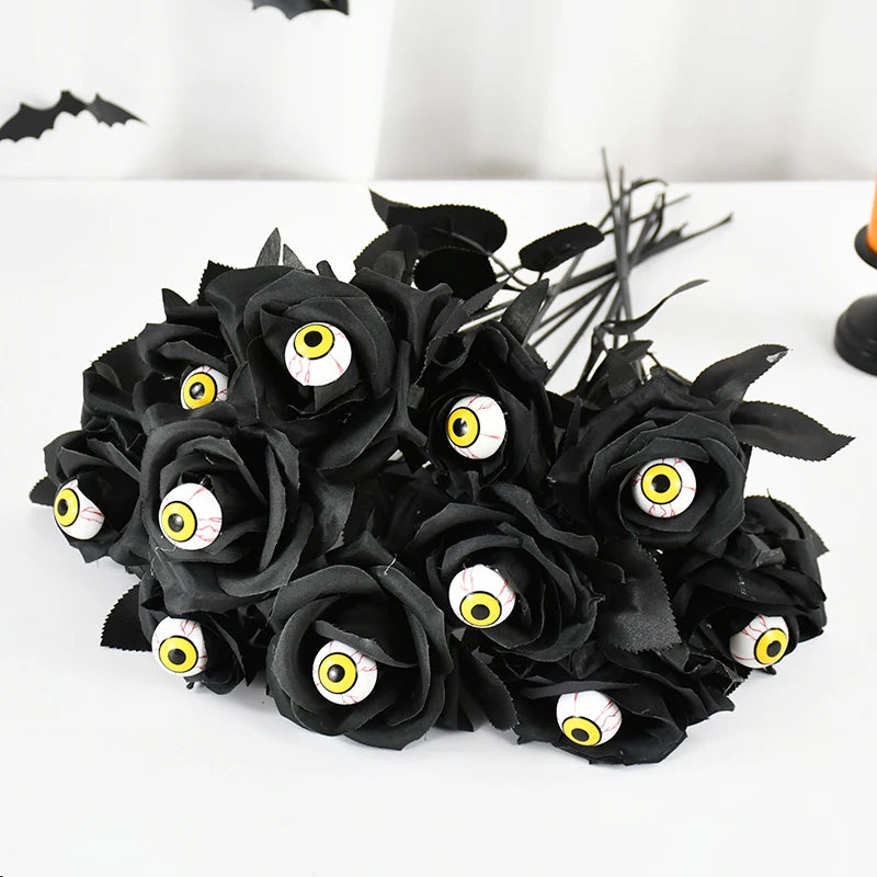 Halloween Artificial Black Roses with Eyeball – DIY Bouquet Decor Artificial Halloween Flowers Babs Black 5pcs